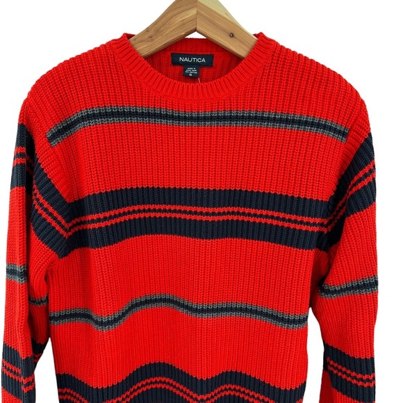 Nautical Sweater Small Men's Pullover Crew Neck Knit Ribbed Long Sleeve Red Blue - Picture 3 of 6